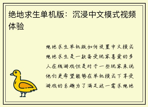 绝地求生单机版：沉浸中文模式视频体验